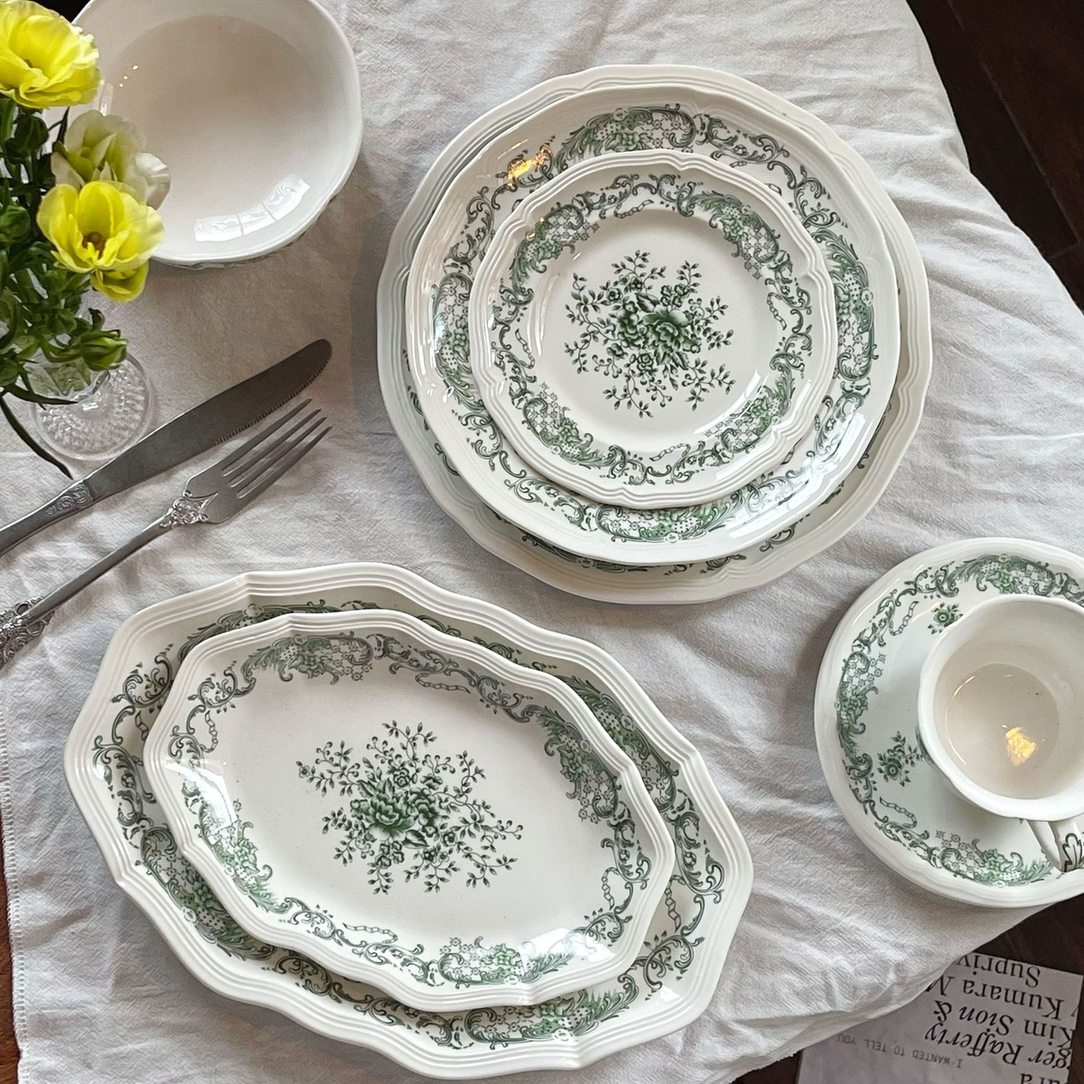 French vintage style olive green embossed floral ceramic tableware