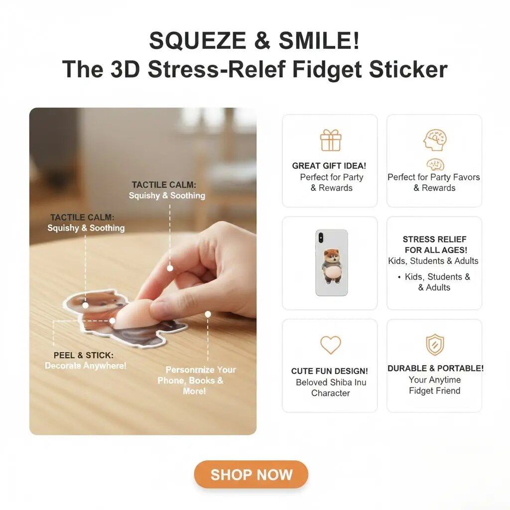 3D Dog & Cat Mochi Stickers 🐾 Stress Relief Fidget Toys Silicone Buffers for Cars & Walls Perfect Holiday Gifts