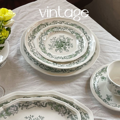 French vintage style olive green embossed floral ceramic tableware
