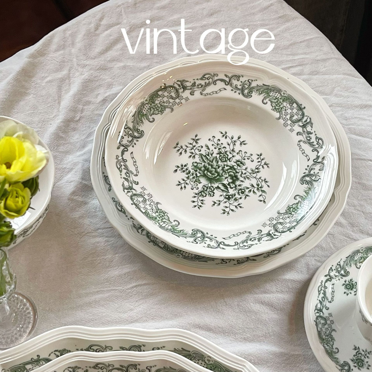 French vintage style olive green embossed floral ceramic tableware