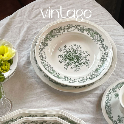 French vintage style olive green embossed floral ceramic tableware
