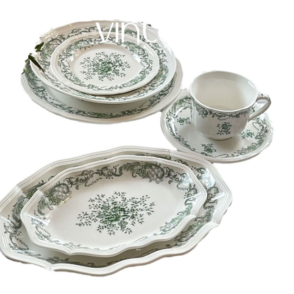French vintage style olive green embossed floral ceramic tableware