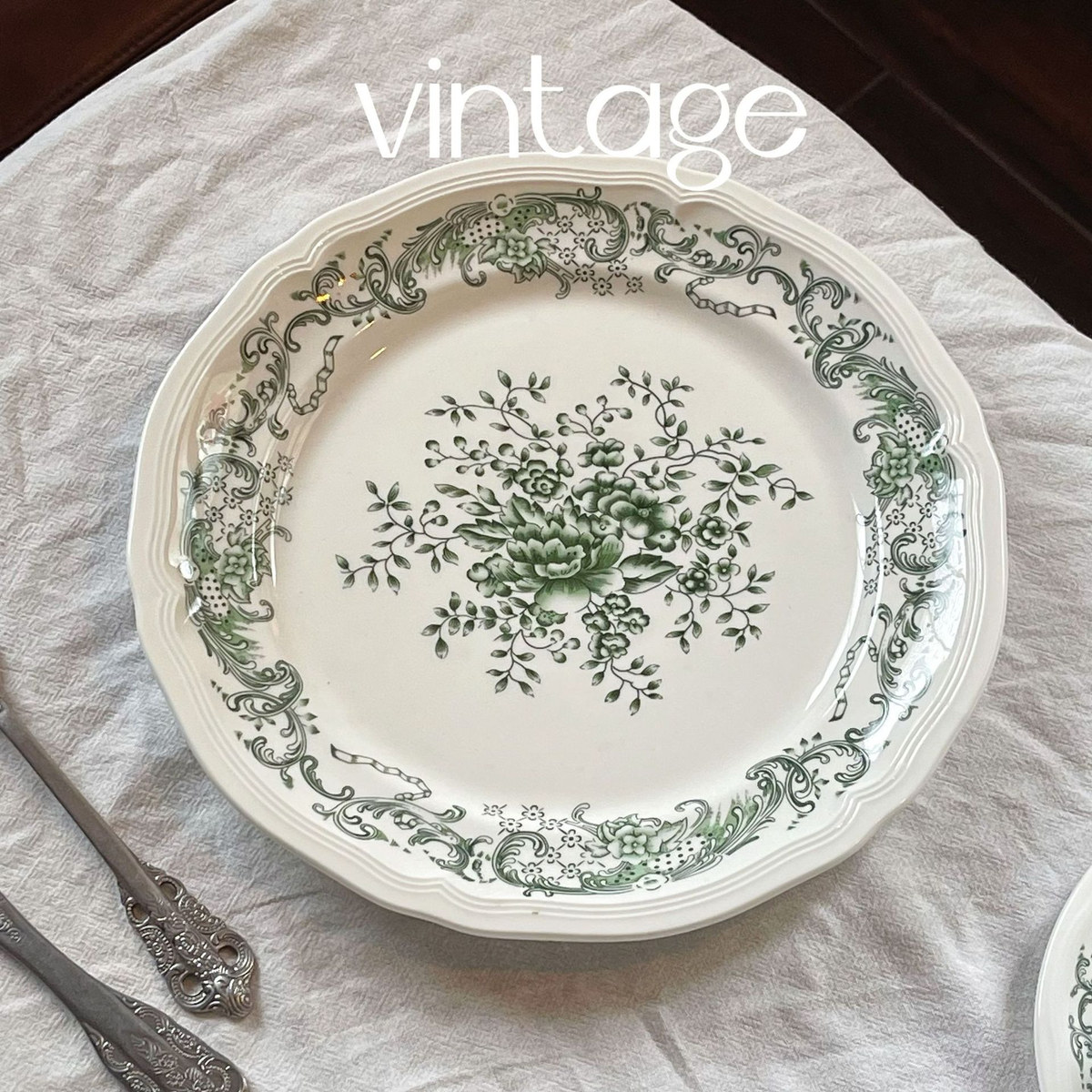 French vintage style olive green embossed floral ceramic tableware