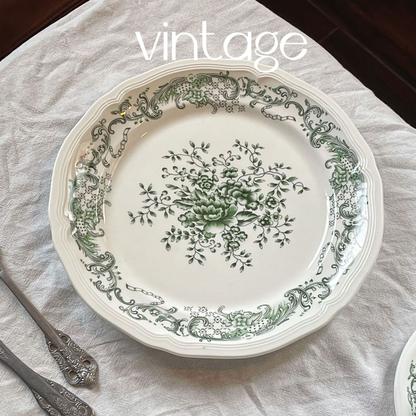 French vintage style olive green embossed floral ceramic tableware