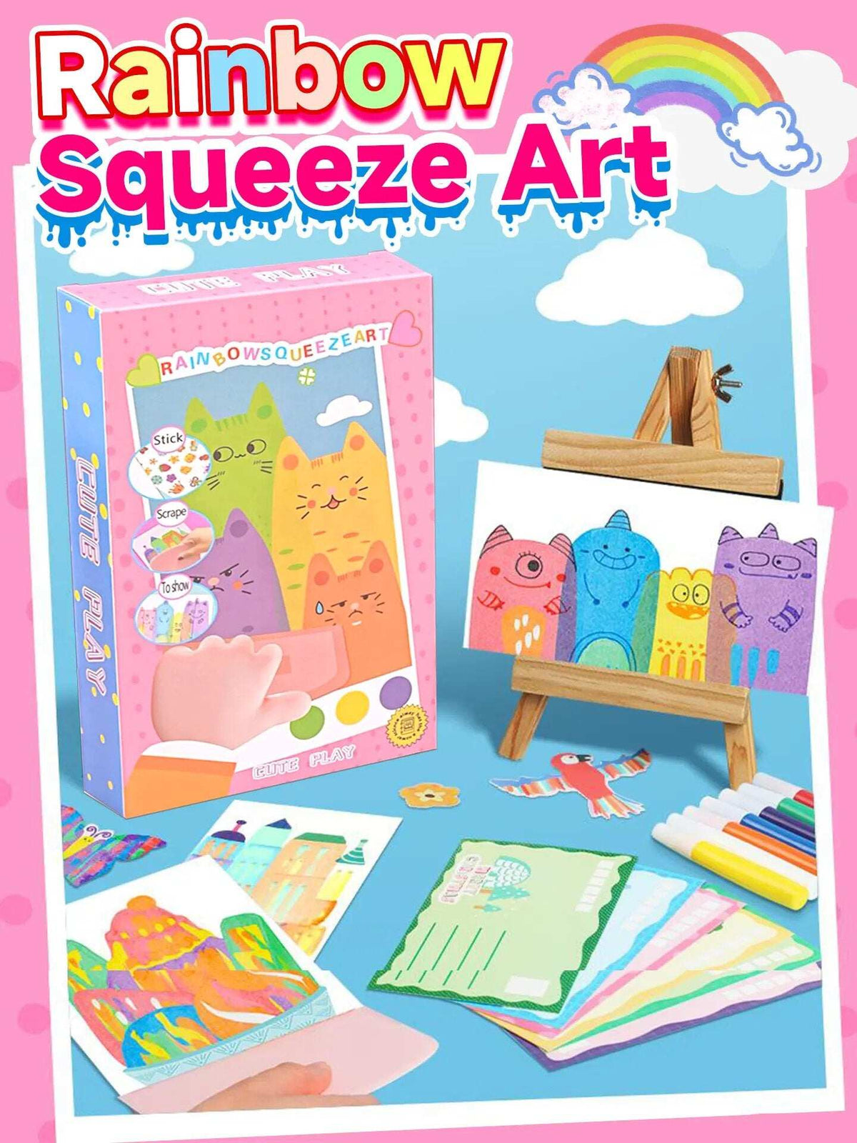 Rainbow Squeeze Art Kit - Creative Scratch & Color Art Set for Kids
